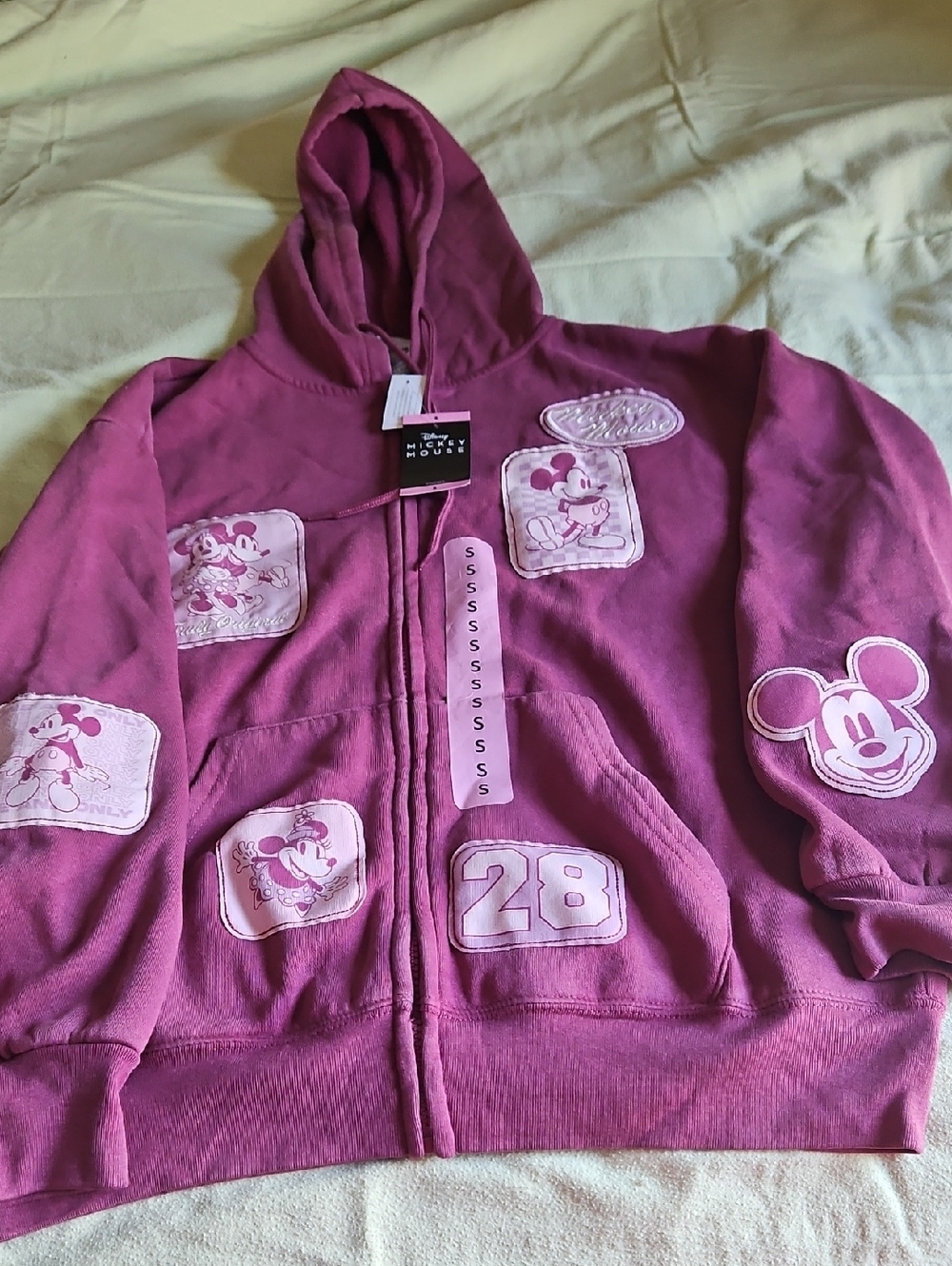 Womens Hooded Zip-Up Sweatshirt with Mickey Patches - Pink